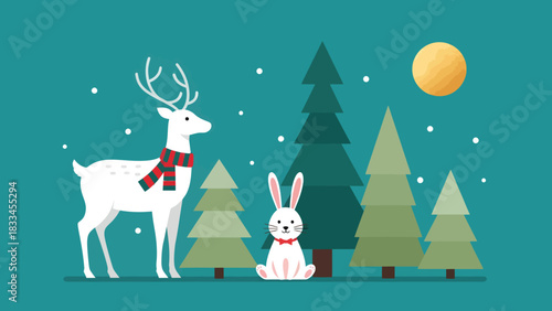 A charming illustration of a white reindeer wearing a red and black scarf standing next to a white rabbit in a snowy forest with pine trees and a full moon.
