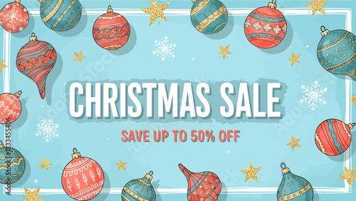 A festive light blue Christmas sale banner with various ornaments, snowflakes, and stars, announcing "SAVE UP TO 50% OFF".