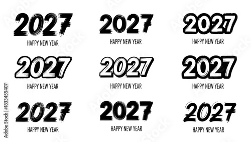 Nine different designs of the number 2027 with Happy New Year text below, in black and white.