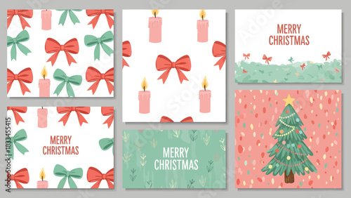 Festive Christmas cards with bows, candles, and a Christmas tree design.