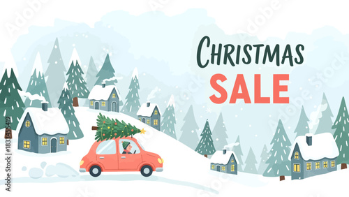Christmas sale banner with a red car carrying a tree through a snowy winter village.