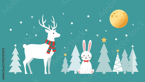 A cute white reindeer and rabbit in a snowy winter forest scene with Christmas trees and a full moon.