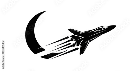 Stylized black fighter jet with a dynamic crescent trail.