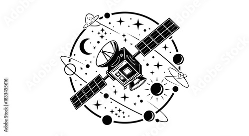 Satellite orbiting in space with planets and stars.
