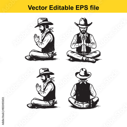 vector illustration set of four different views of a cowboy sitting in a meditative pose with hands pressed together, suitable for spiritual or western themes