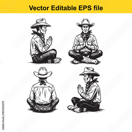 four black and white vector illustrations of cowboys sitting in a meditative pose with hands pressed together, showing front and back views, suitable for editable eps file use