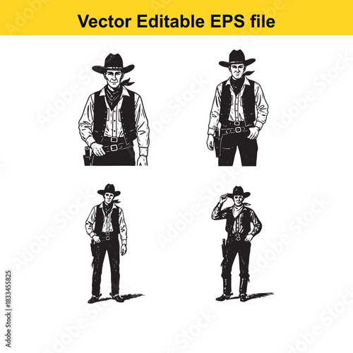 collection of four black and white vector illustrations depicting cowboys in classic western attire, isolated on white background