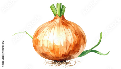 Watercolor depiction of a fresh onion bulb with roots and green stems against a black background