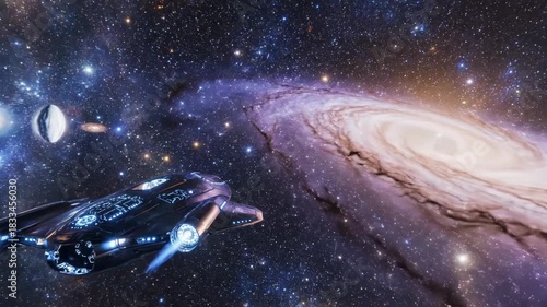 Exploring distant galaxies in a sleek spaceship with vibrant cosmic colors and stunning celestial phenomena Generative AI