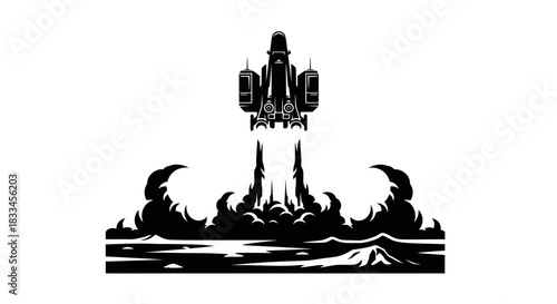 Black and white silhouette of a powerful rocket launching into the sky.
