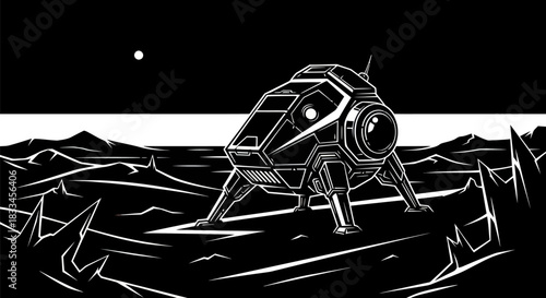 Lunar Lander on a Barren Moonscape in Black and White.