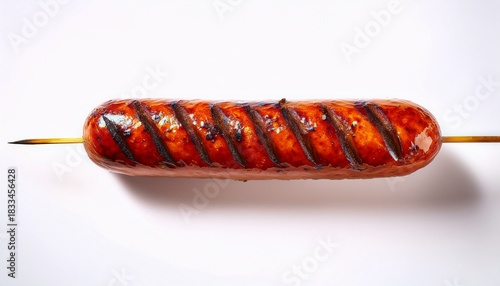 grilled sausage on skewer showcasing deliciously charred surface on white background