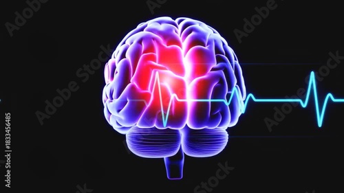 3D Brain Rotation with ECG Pulse Line Showing Neural and Cardiac Signal Interaction