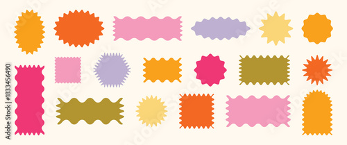 Colorful wavy, zigzag and jagged shapes set in various geometric forms. Vibrant abstract stickers for frames, badges, labels, promo design, templates and digital graphics. Flat vector elements isolate