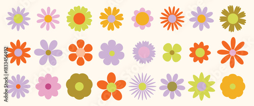 Set of abstract Daisy flowers. Chamomile flat icon, cartoon retro spring flowers. Geometric flower set. Abstract minimal daisy elements. Botanical summer elements, natural bloom petal. Floral design