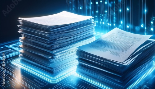 stacks of papers beside glowing digital screens represent the shift from traditional paperwork to automated smart contracts symbolizing efficiency innovation and digital transformation