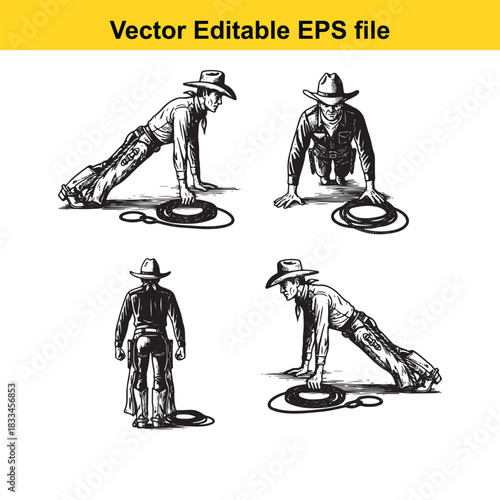 collection of four black and white vector illustrations depicting cowboys performing pushup style exercises using their hats as props, isolated on white background