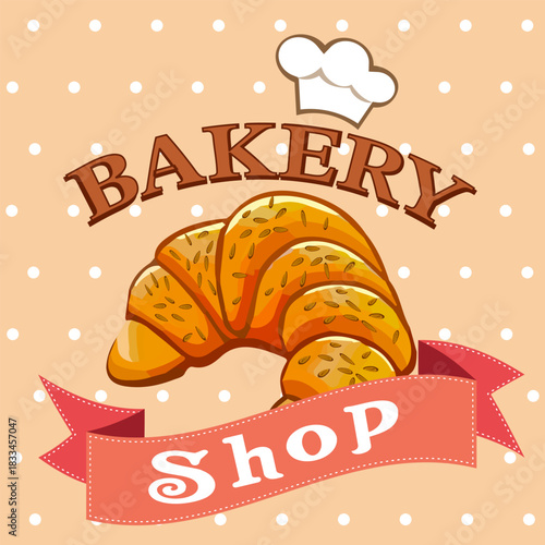 A ribbon with text and a large croissant in an advertising banner.Color vector illustration of an advertising banner with a croissant for bakeries and pastry shops.