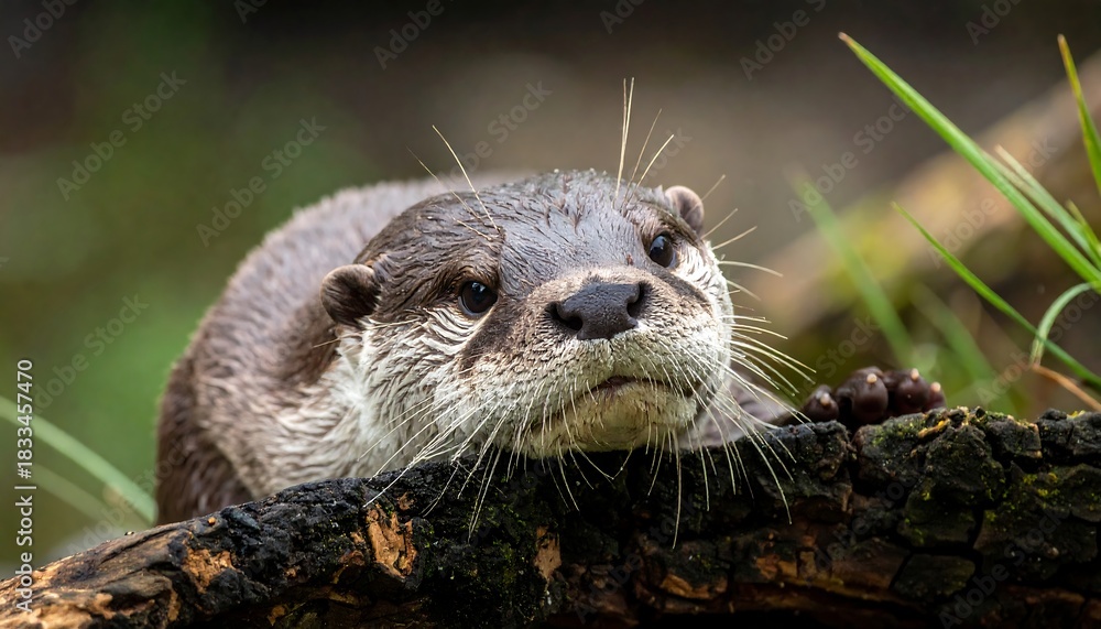 Fototapeta premium Otter Resting on Log - A Close-Up Portrait in Nature.