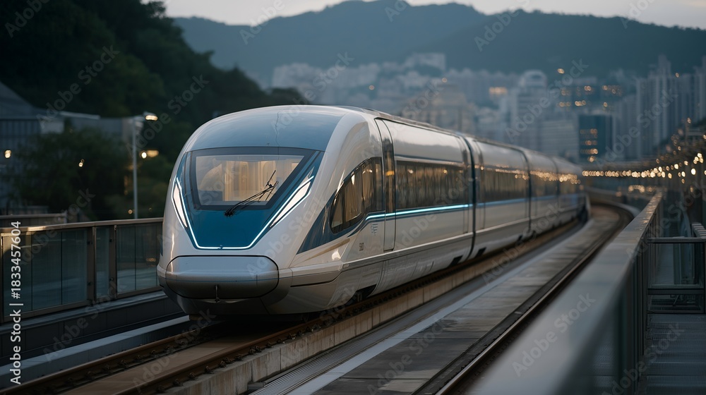 Naklejka premium A futuristic maglev train gliding silently above its track at sunrise, blue underglow reflecting on polished metal as commuters witness frictionless speed — magnetic levitation transportation,