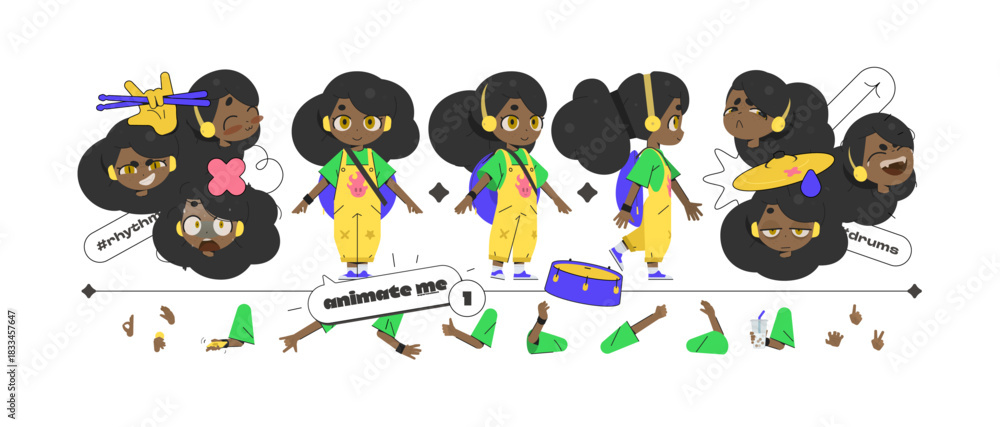 Fototapeta premium School Drummer Girl Animation Kit With Multiple Poses, Interchangeable Hands, Emotions And Bonus Stickers. Afro Cartoon Character For Fun Creative Projects, Education And Media Use