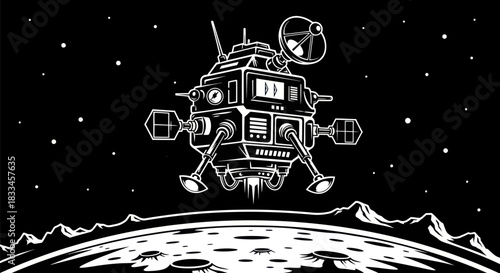 Detailed Lunar Lander Illustration in Black and White.