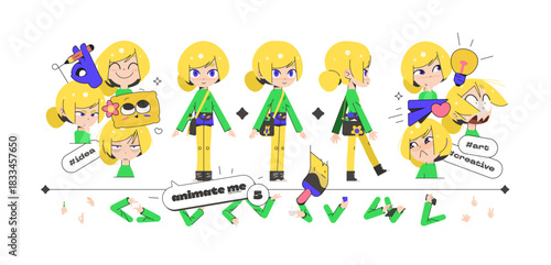 Artist Girl School Animation Kit with Interchangeable Arms, Five Emotions, Front and Side Views and Art Tools. Cute Cartoon Character for Study, Drawing and Creative Projects