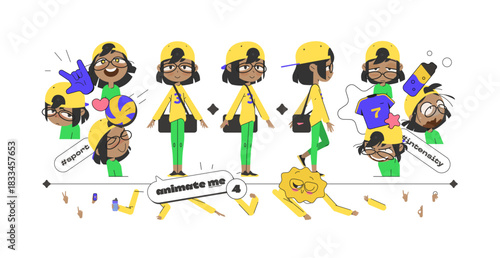 School Volleyball Girl Animation Kit with Emotions, Poses, Interchangeable Hand Parts and Bonus Sports Stickers. Fun Cartoon Character for Creative Projects and Educational Medi