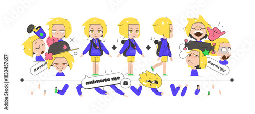 Skater Boy School Animation Kit with Interchangeable Arm Poses, Six Expressions, Backpack and Skateboard Props for Urban Cartoon Creative Projects and Design