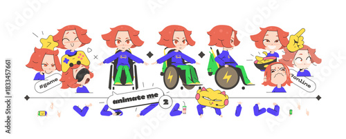 Handicapped Gamer Girl Animation Kit with Interchangeable Arm Parts, Six Emotions, Wheelchair Views, Laptop and Console Props for Cute Creative School Vector Projects