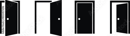 Door icon set Door icons set. Open, close and ajar door. Doors collection. Opened entrance door set flat style - stock vector. Door front vector icon. Vector illustration