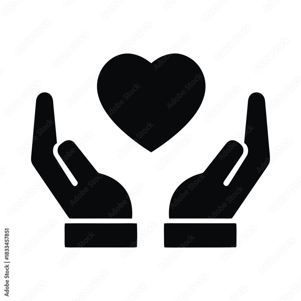 Fototapeta premium Heart in hand icon hand holding a heart vector icon pair of hands holding heart symbol, representing love, care, support, and charity in minimalist black design