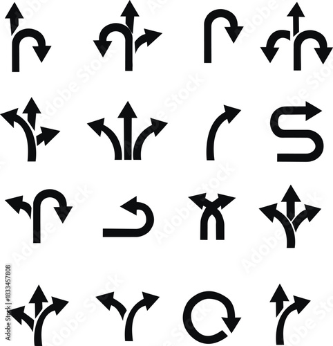 Way direction arrow sign icon set Way direction arrow sign icon set. three arrow, way sign, road direction icon vector. three-way direction arrow sign.Way pointer symbol. Turn arrow navigation sign 