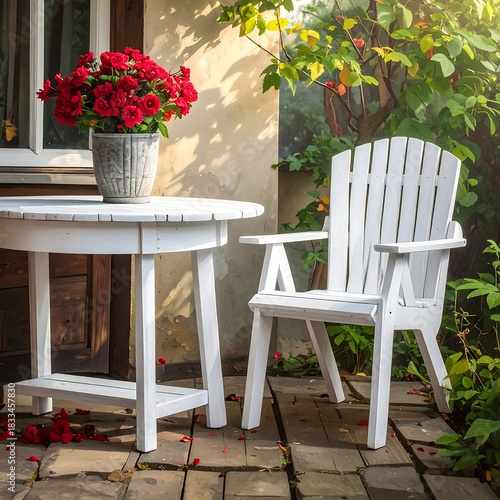 Outdoor Patio Furniture - White Chair and Table with Red Flowers.