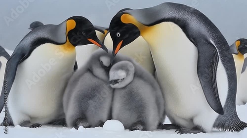 Emperor penguins huddling together with chock during snow blizzard in Antarctica. Represents penguin, emperor penguin, antarctica, snow, blizzard, cold, winter.