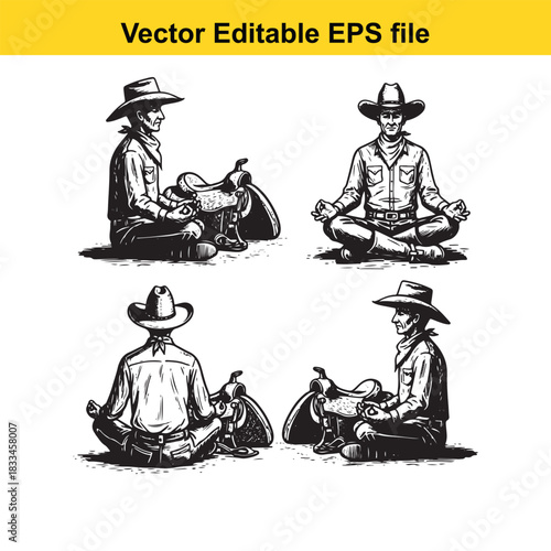 vector editable eps file showing four different views of a cowboy sitting in a meditative lotus position next to a saddle, isolated on white background