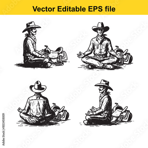 four black and white vector illustrations of cowboys sitting in a meditative yoga pose next to their saddles, isolated on white background