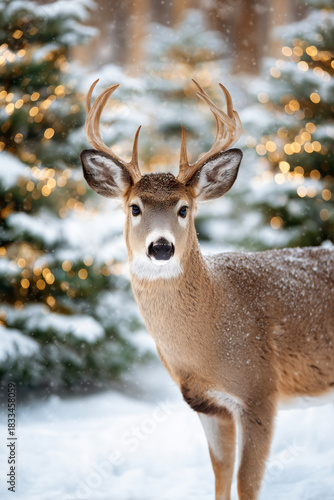 Wallpaper Mural A deer standing in a snowy forest surrounded by Christmas trees with golden lights Torontodigital.ca
