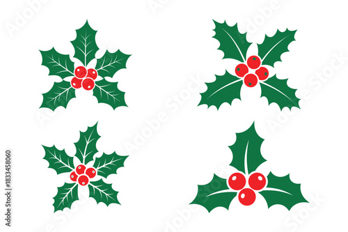 Four decorative christmas holly sprigs with red berries