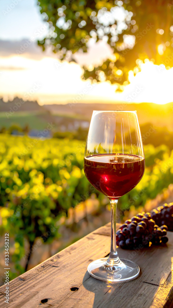 Obraz premium Weinglas im Hintergrund Weinberge