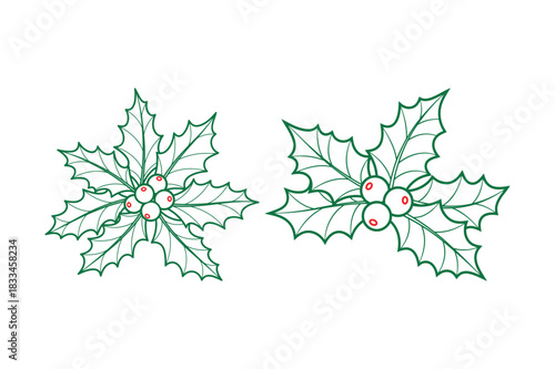 Two hand drawn holly sprigs with red berries