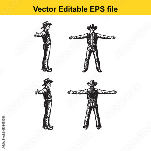 vector editable eps file showing four views of a cowboy figure in black and white line art, including side and frontback perspectives with arms outstretched