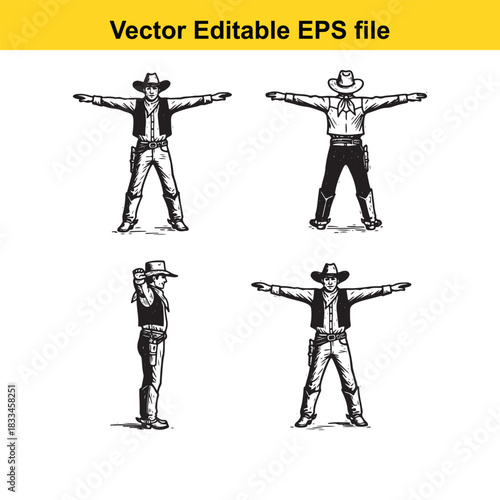 collection of four black and white vector illustrations depicting cowboys in various poses, including standing with arms outstretched and a side profile view, perfect for western themes