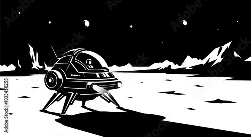 Retro Futuristic Spaceship Landing on Alien Planet Surface.