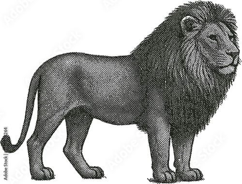 Halftone Lion Full Body Illustration in Black and White