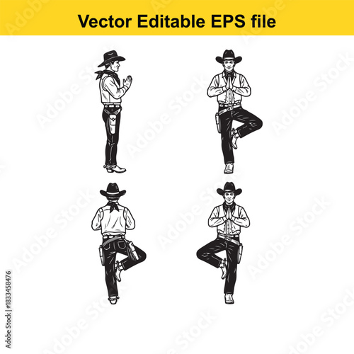 vector editable eps file showing four different poses of a cowboy performing yoga tree pose variations, black and white line art illustration