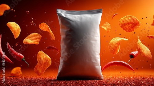 Floating spicy potato chips bags mockup and red chili peppers around blank foil snack bag on fiery orange background