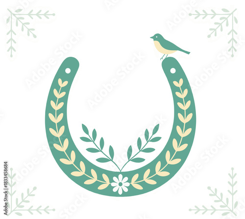 A decorative horseshoe symbol of good luck with a bird and floral elements. Minimalist flat design vector illustration. Folk art inspired graphic isolated on a white background.