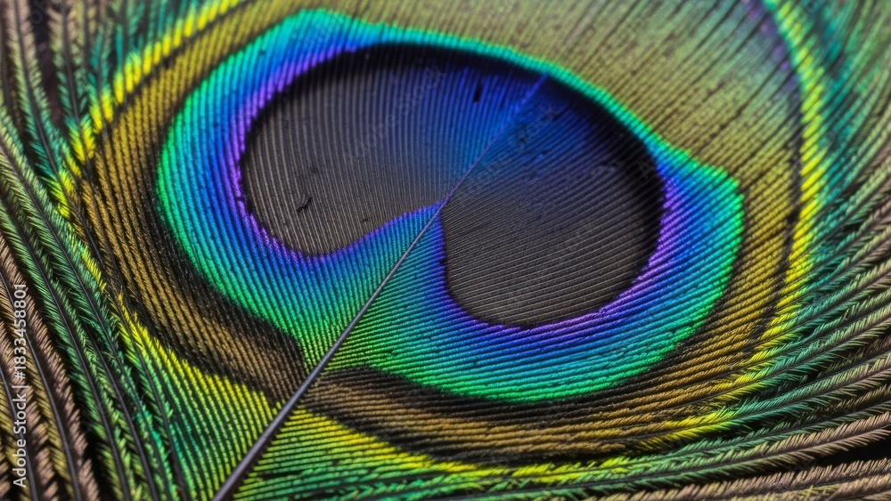Naklejka premium A close-up of a vibrant iridescent peacock feather showcasing its detailed, colorful textures and intricate patterns