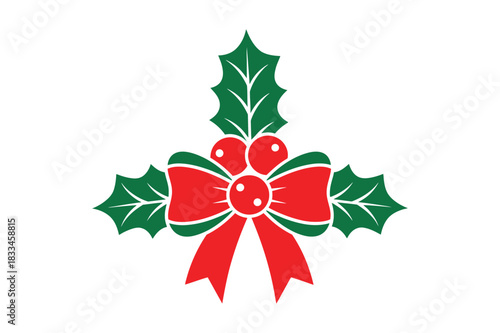 Festive red bow with green holly leaves and red berries